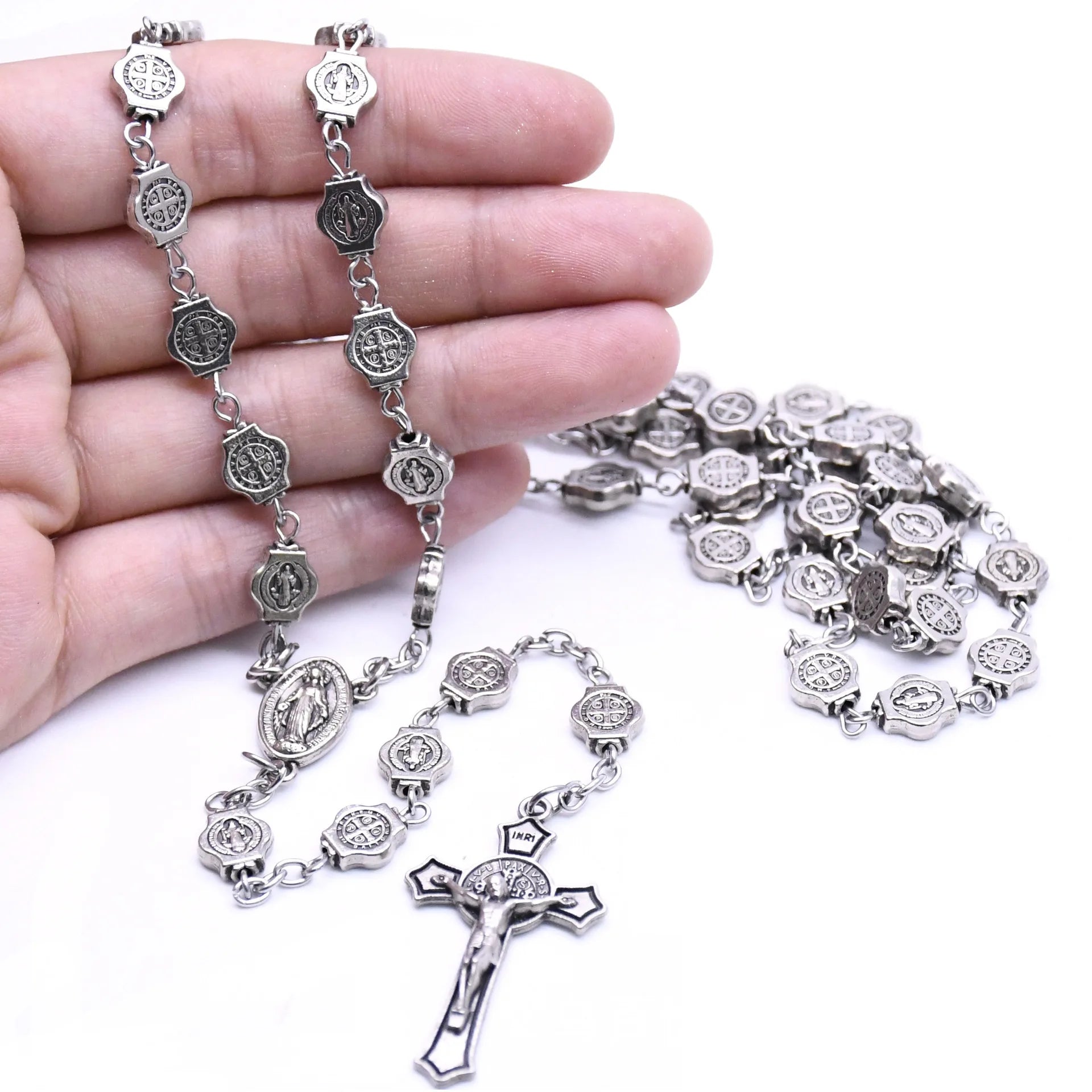 Risingmoon Vintage Silver Alloy Rosary Benedictine Beads Prayer Christian Church Necklace