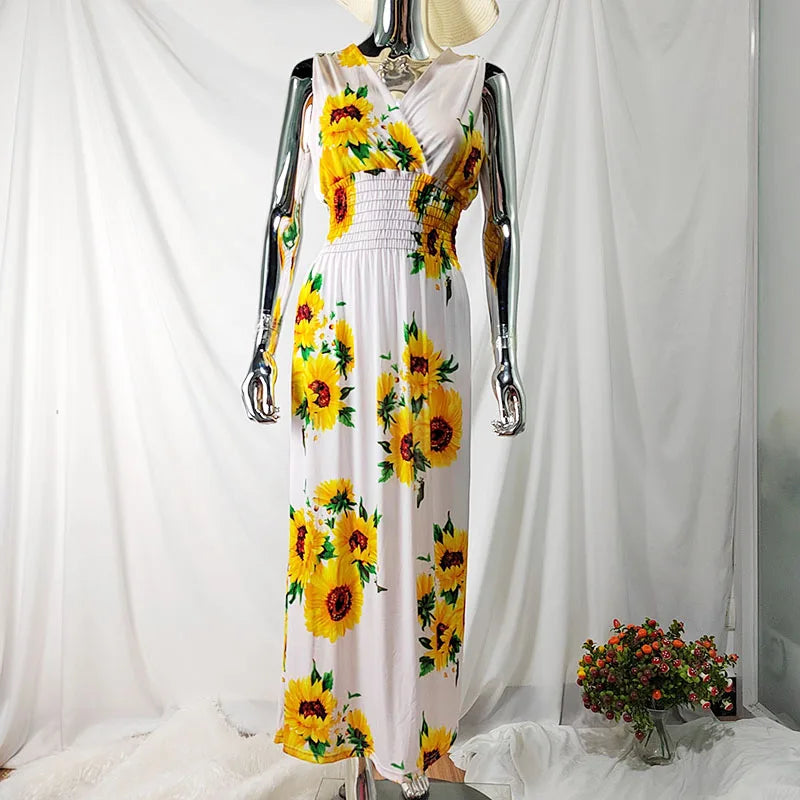 Factory OEM Custom Floor-Length Ruched Natural Waist Floral Knitting Sundress Ladies Regular Fit Beach Dress for Women