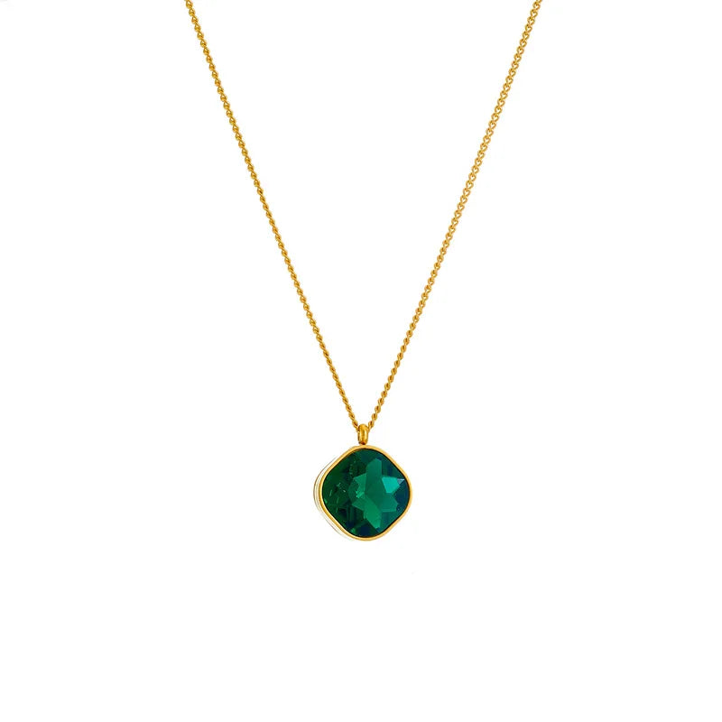 YF3451 Non Tarnish Geometric Rhombus Green Zircon Pendant Necklace 18K Gold Plated Stainless Steel Cubic Zirconia Necklace MegaBDM