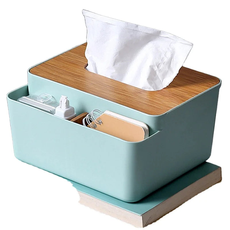 Yiwu 3 Grids Plastic Tissue Dispenser with Bamboo Cover QINLAN QL8811 Asian Zen Style Multi-function for Home Use
