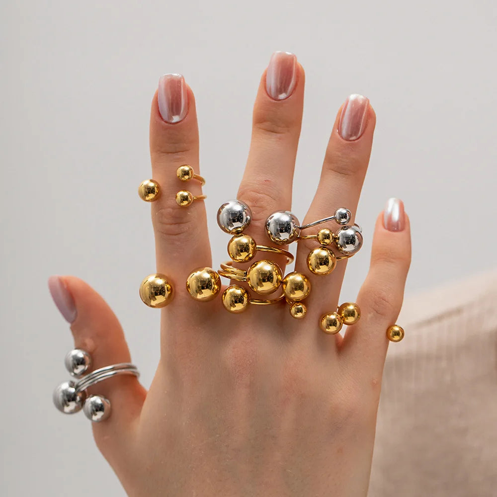 Maiou Waterproof Statement Stainless Steel 18K Gold Openings Ball Ring for Women Fashion Jewelry