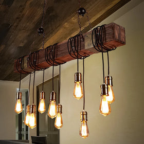 Restaurant Large Long Industrial Vintage Lamp E27 Bulbs Rustic Iron Wooden Chandelier Lighting Wooden Pendant Light