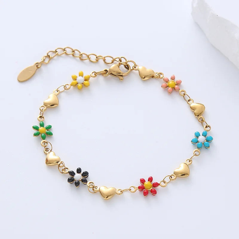 Boho Jewelry Stainless Steel 18K Gold Plated Heart Design Chain Flower Bracelet