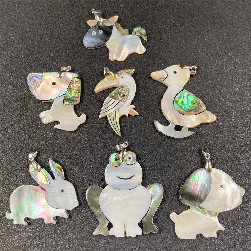 Cute Multi-Animal Abalone Shell Pendant Necklace White Shell Bunny Dog Duck Necklace With Black Leather Cord