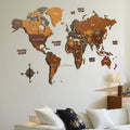 Wood Wall Art Decor Large 3D Brown Color  Travel World Map with Pines