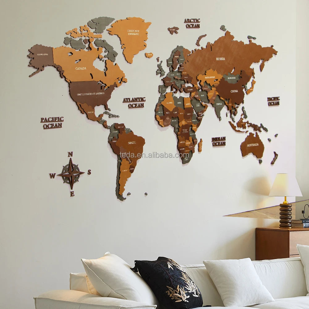 Wood Wall Art Decor Large 3D Brown Color  Travel World Map with Pines