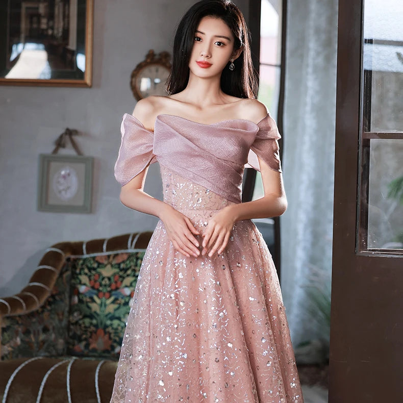 Ladies Party pink Lace Simpleness Long Elegant Maxi Evening Prom Wedding Dresses