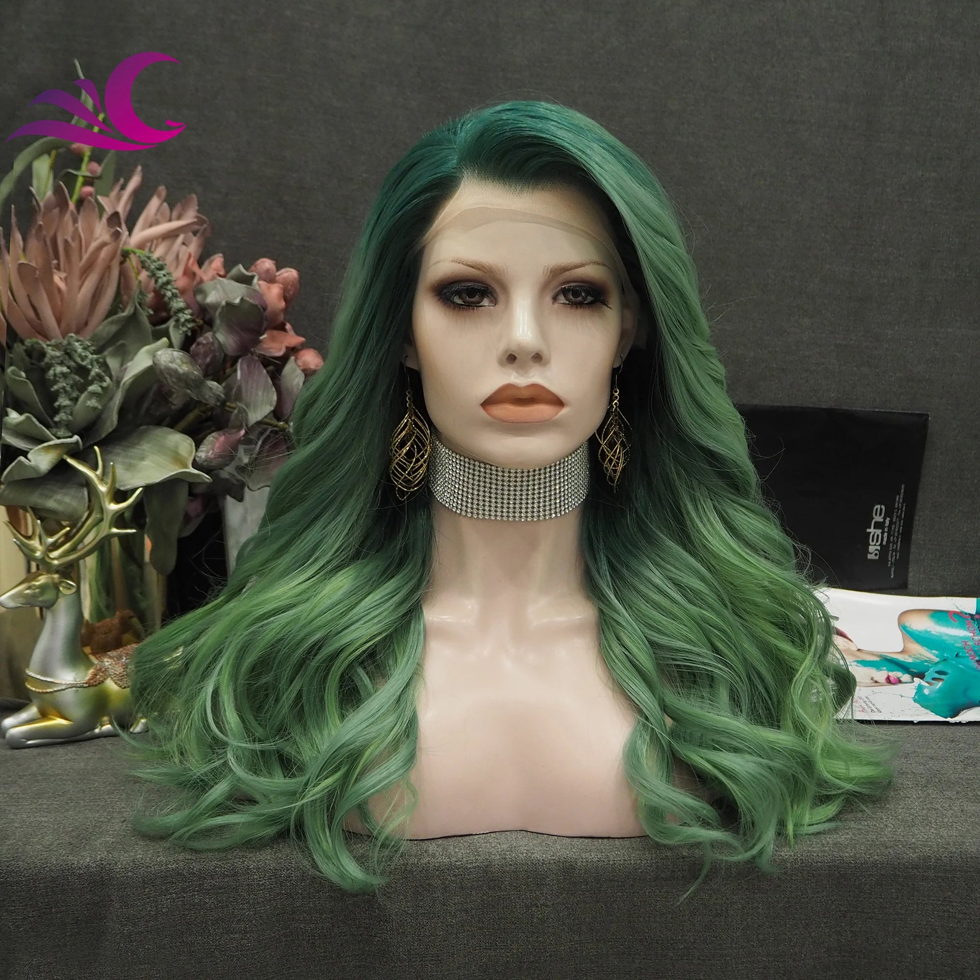 Celebrity Ombre Green Color Synthetic Hair Wigs Matte Heat Resistant Fiber Same Human Hair Lace Front Wig