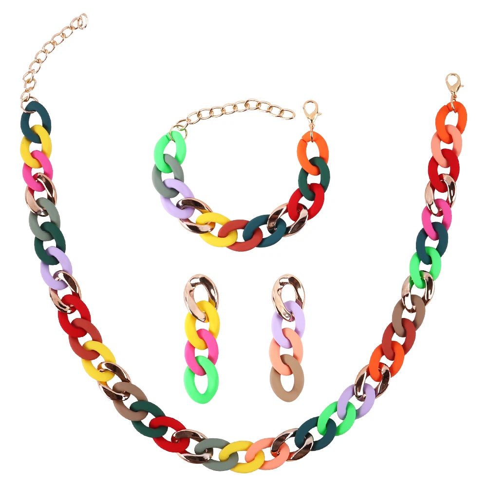 Summer New Sweet Candy Color Necklace Link Chain Necklace Earrings Bracelet Jewelry Sets Hip Hop Round Acrylic Women's Hiphop FS