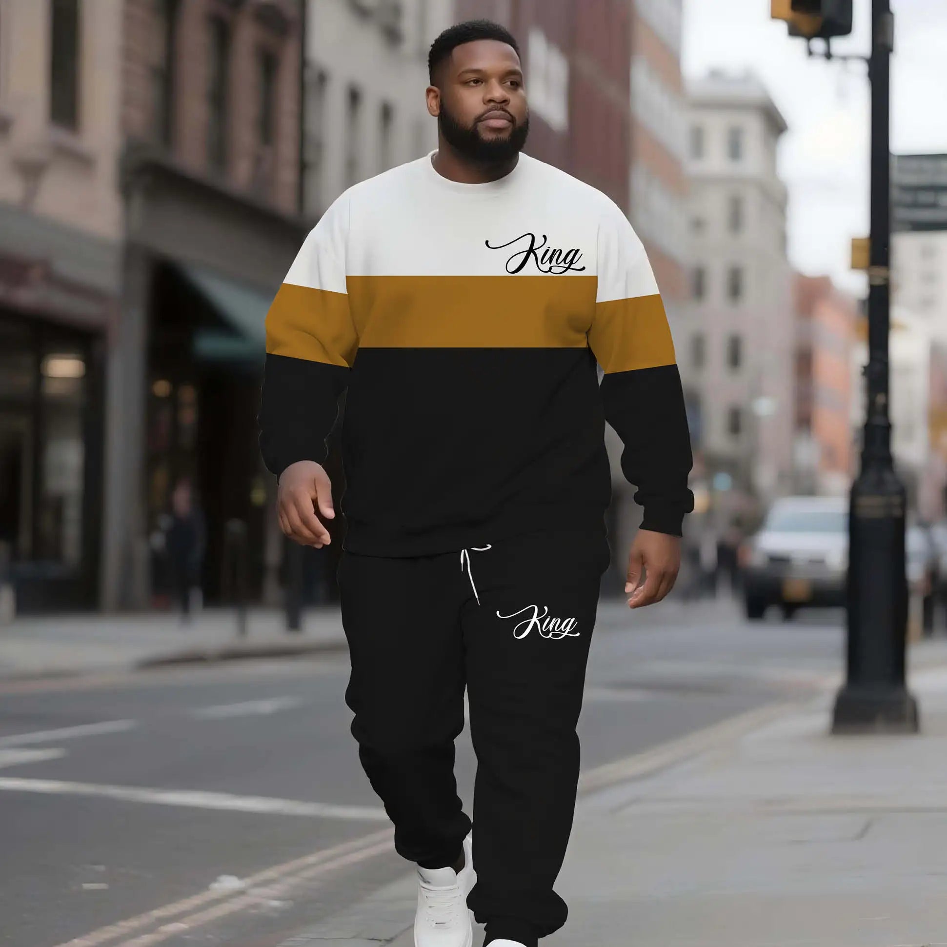 King Text Plus Size Men's Crew Neck Sweater Set Hot Sale Factory Direct Color Block Custom Letters Winter Knitted Print Pattern