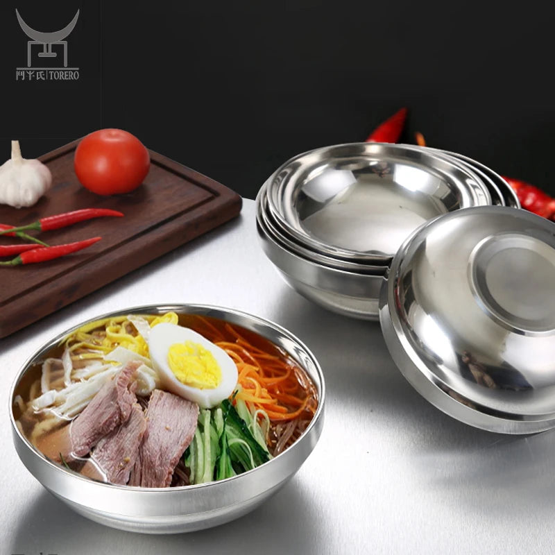 Korean Double Layer Thick Stainless Steel Soup Fice Bowl Set Ramen Noodles Bowl Food Container