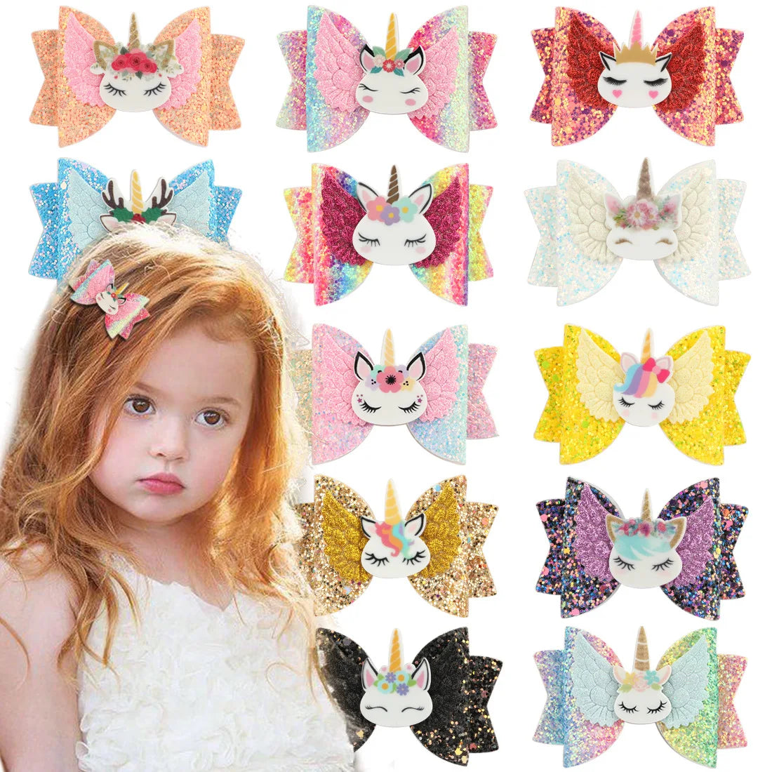 Children Glitter Elk Unicorn Hair Bows Girls Toddlers European American Style Fine Workmanship Swiyi Brand Alligator Clips