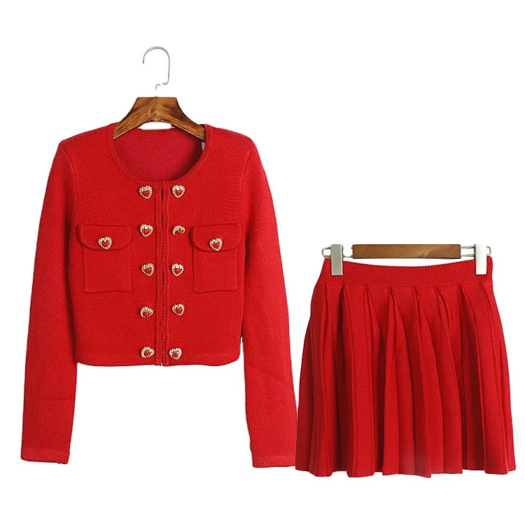 2025 New Arrival Autumn Winter Luxury Fashion Knitted Sets Heart-shaped Buttons French Chic Elegant Two Piece Outfits for Women