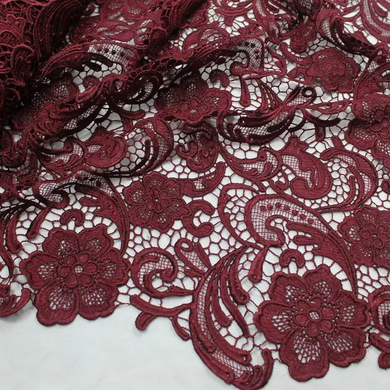 Burgundy Embroidery Guipure Lace Dress Fabric