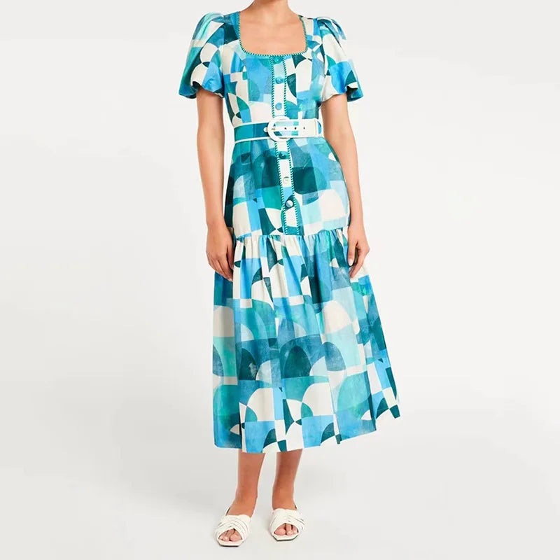 Temperament Elegant Midi Woven Crepe Women's Dress 2023 Spring New Square Collar Puff Sleeve A-Line Eco-Friendly Breathable