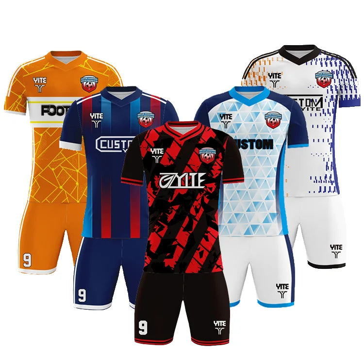 Good Quality Unisex Blue Orange White Short Sleeve Soccer Jerseys 100% Polyester Custom Wholesale Youth Quick Dry Anti-Bacterial