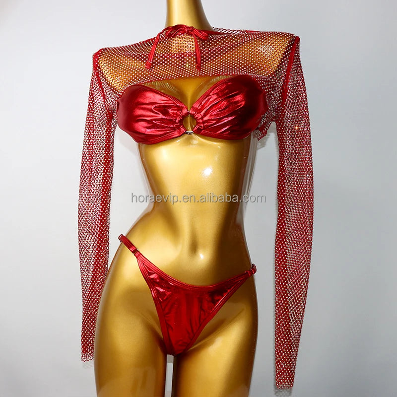 Fashion Mini Rhinestone Skirt Summer Polyester Mesh High Waist Hip Skirt Crystal Glitter Top Beach Set