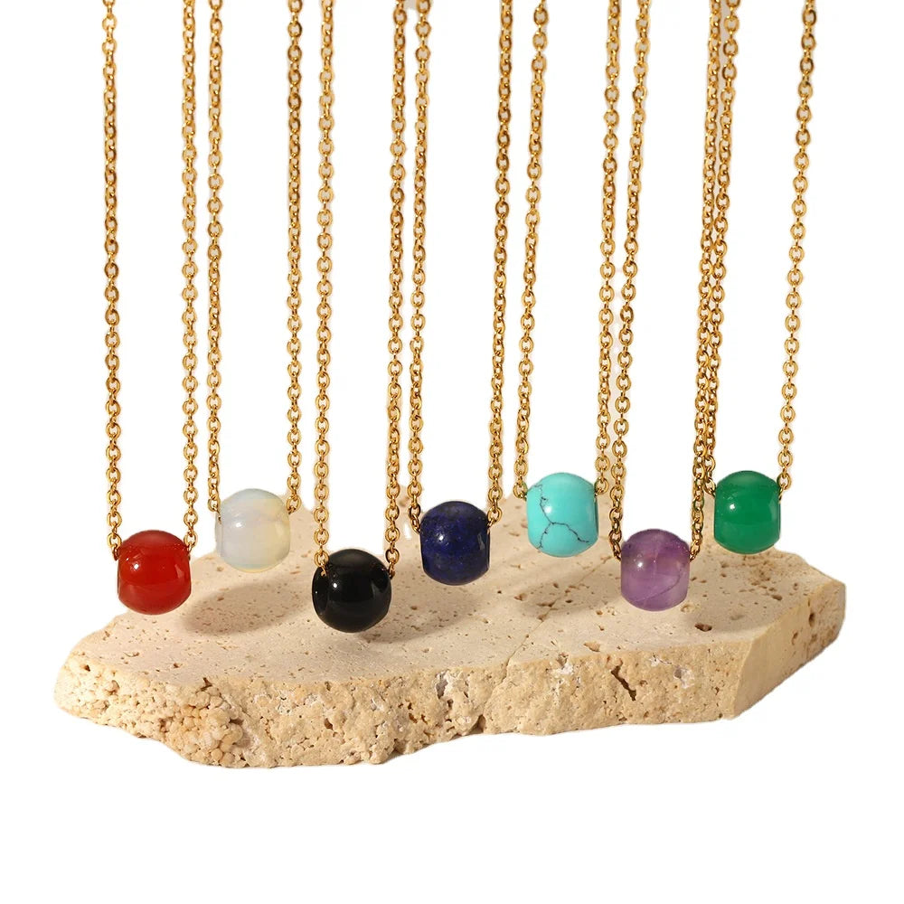 Vintage Accessories Colorful Natural Stone Beads Pendant Necklace Fashion Stainless Steel Chain Big Ball Stone Beads Necklace