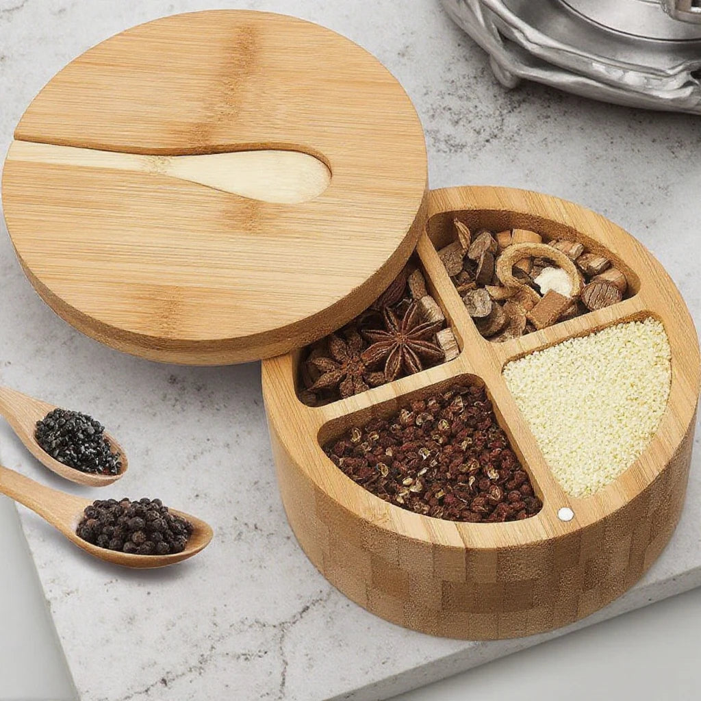 Bamboo 4-Cell Round Condiment Salt Box Household Moisture-Proof Wood Crafts for Kitchen Use Handcrafted Fancy Wall Sign