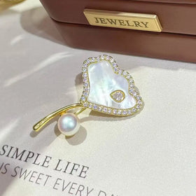 18K Gold Ginkgo Leaf Mother of Pearl Brooch Real Freshwater Pearl 2-in-1 Pendant Necklace Hypoallergenic Wedding Lapel Pin