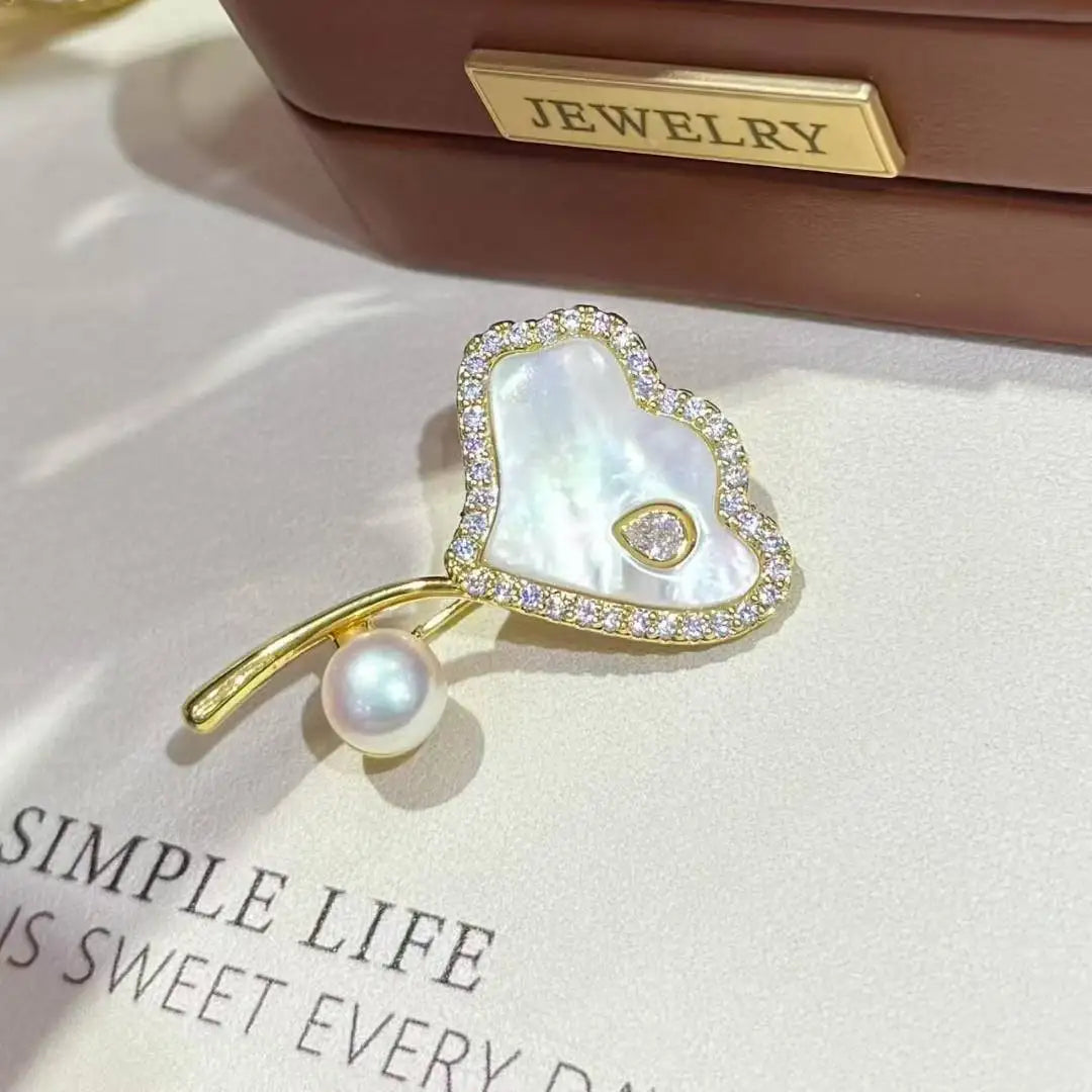 18K Gold Ginkgo Leaf Mother of Pearl Brooch Real Freshwater Pearl 2-in-1 Pendant Necklace Hypoallergenic Wedding Lapel Pin