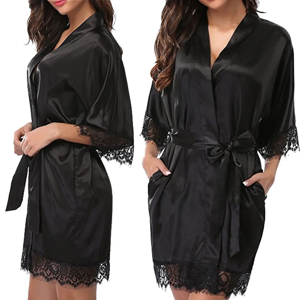 Women's Sexy Faux Satin Lace Robe Dress Nightdress XL Size Lingerie Bathrobe With Hollow Out Decoration Thin Fabric Plus Size