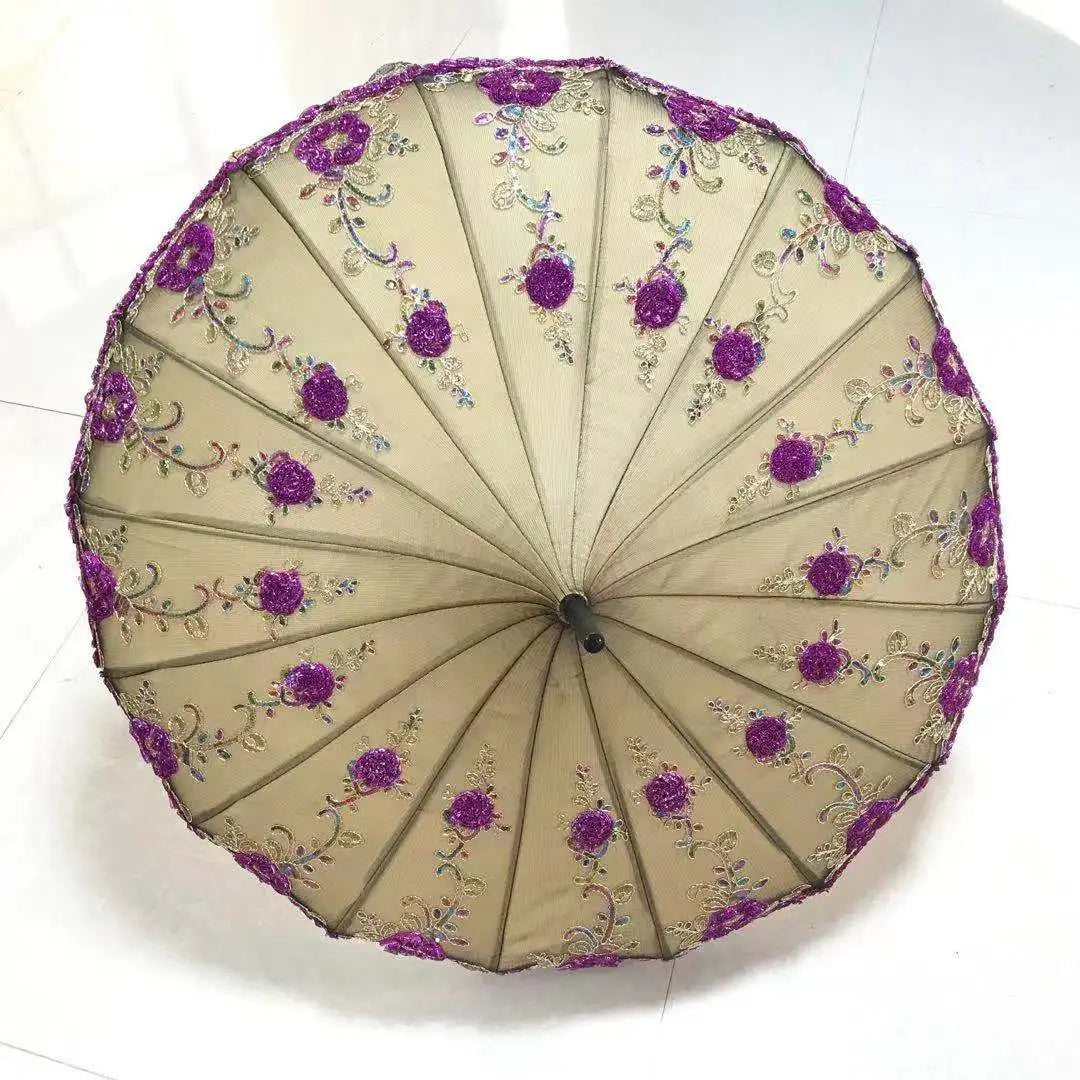 LOTUS New Design 16 Ribs Lace Pagoda Sequins Parasol Embroidery Umbrella for Customization