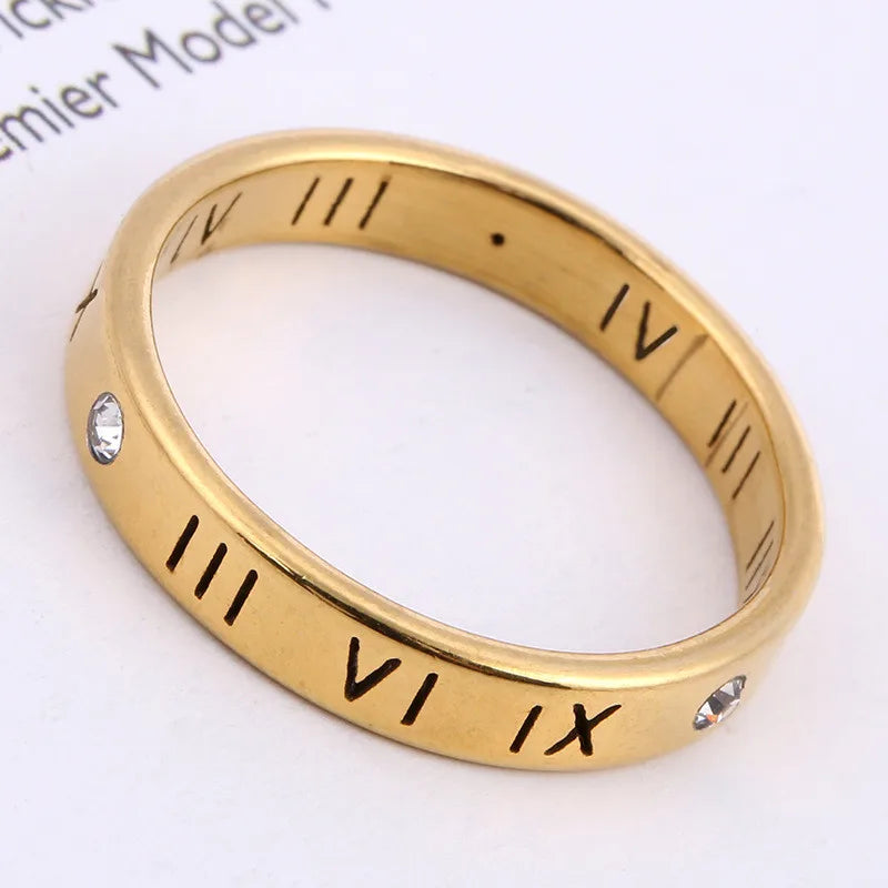 Wholesale Jewelry Roman Numeral Diamond Couples Ring Stainless Steel 18k Gold Plated Rings