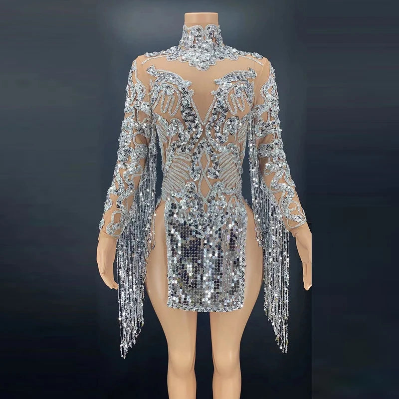 Rhinestone Tassel Latin Spandex Dance Dress Sexy Women Elastic Mesh Net Perspective Crystal Leotard Singer Stage Outfit