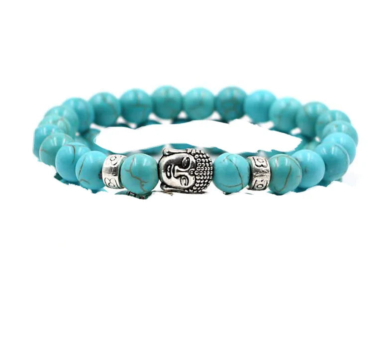8mm Turquoise Gemstone Beads Buddhist Bracelet with Silver Buddha Head Religious Hand Chain Jewelry for Weddings and Birthdays