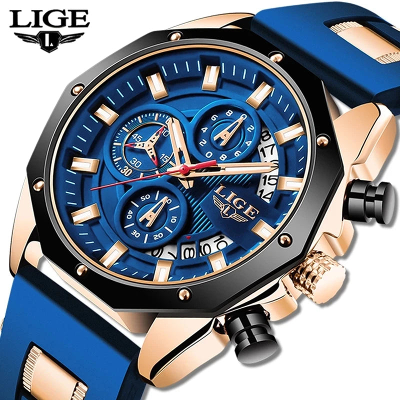 2025 LIGE New 8908  Mens Watches Top New Luxury Silicone Sport Watch Men Quartz Date Clock Waterproof Wristwatch Chronograph