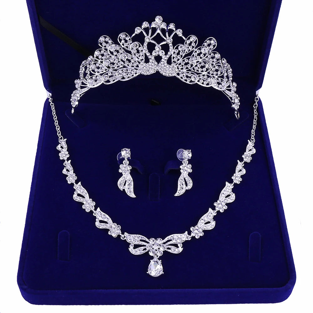 Korean Boxed Full Crystals Bridal Wedding Crown Necklace Earring Headdress Set Girl White Rhinestone Alloy Hair Accessories