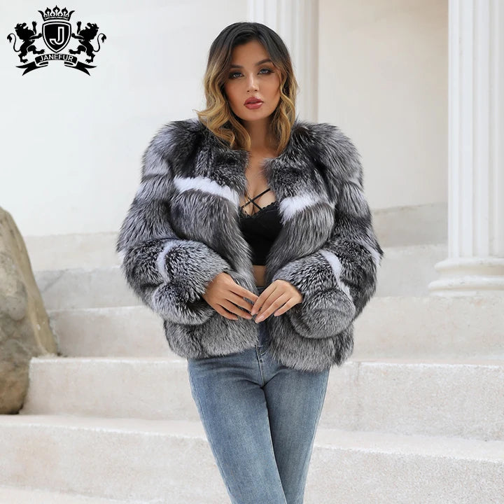 Luxury Winter Colorful Fur Coat Sequin Sliver Fox Fur Collar Women's Jackets Coats