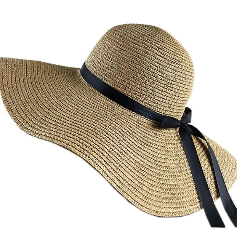 Women Big Brim Sun Hat Floppy Foldable Bowknot Straw Hat Summer Beach Hat