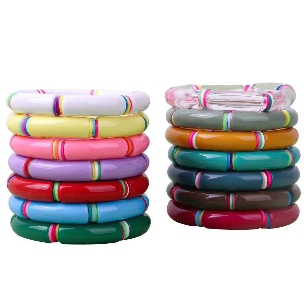 Bohemia Casual Geometric Resin Bracelet Multi Color Round Bamboo Tube Beads Polymer Clay Spacers Acrylic Bracelets Bangles