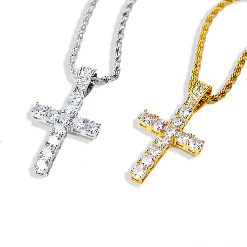 New Iced Out Zircon Baguette Cross Pendant Chain Men's Hip Hop Jewelry Gold Silver Color CZ Pendant Necklace Bling Cross