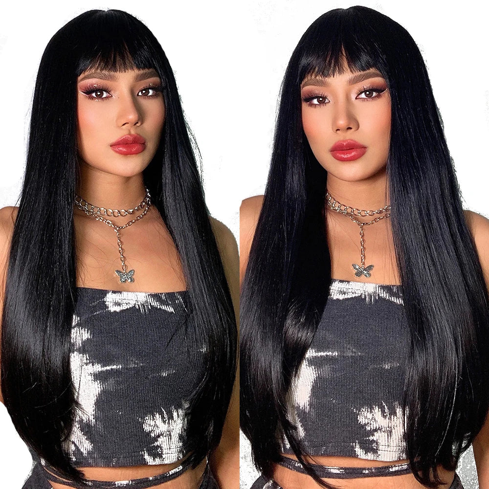 Black Long Straight Wig with Bangs Synthetic Hair Wigs for Woman Can Be Extended to 40 Inch Synthetic Lace Wig
