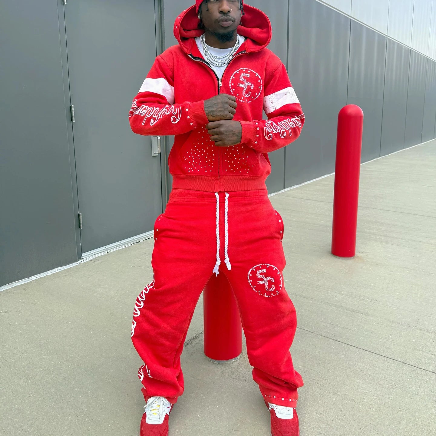 US Free Tax Mens Heavyweight 100% Cotton Rhinestones Print Tracksuit Flared Stacked Sweatpants and Hoodie Set Sweatsuits for Men