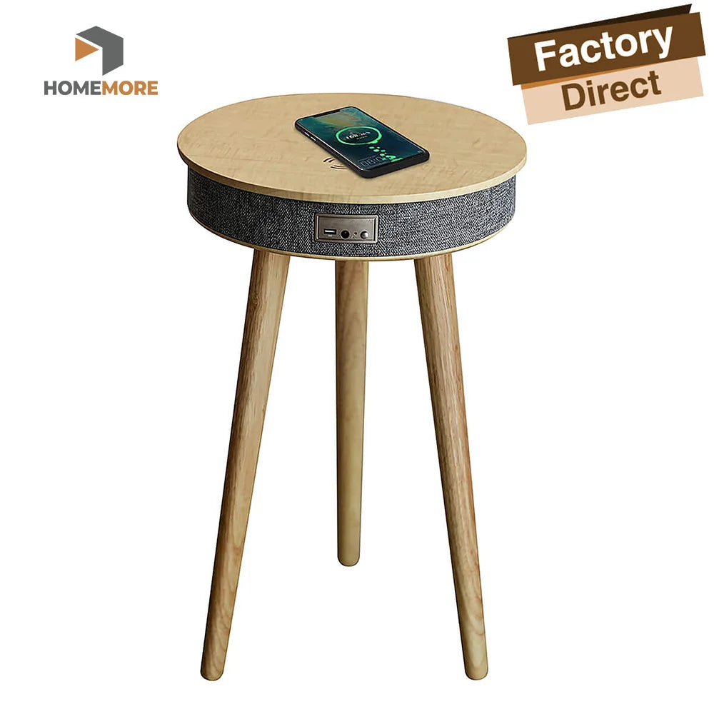 Home Audio Round MDF Top Smart 15w Wireless Phone Charger USB Charging Port Side Coffee Table With Blue-tooth Speaker