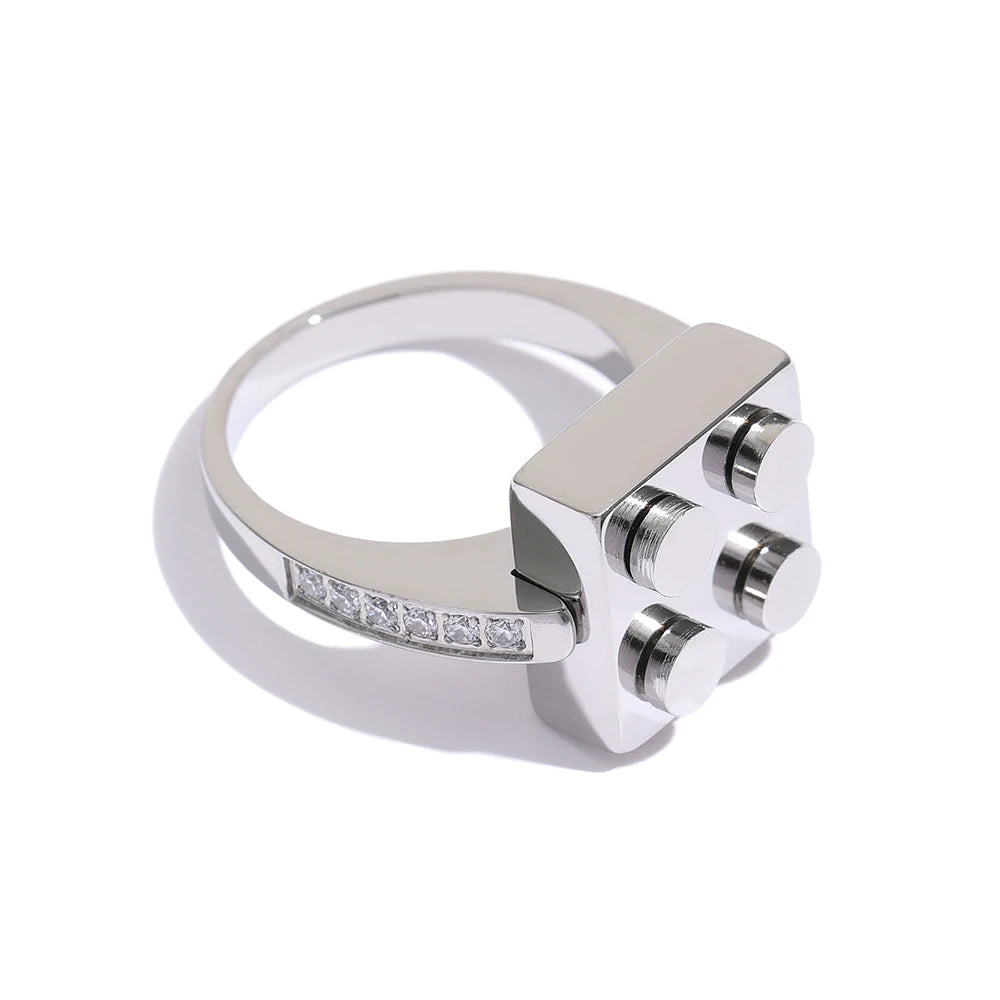 JINYOU 752 Never Fade Color Ring New Top Quality Cubic Zirconia Stainless Steel Square Geometric Checkerboard Ring for Women