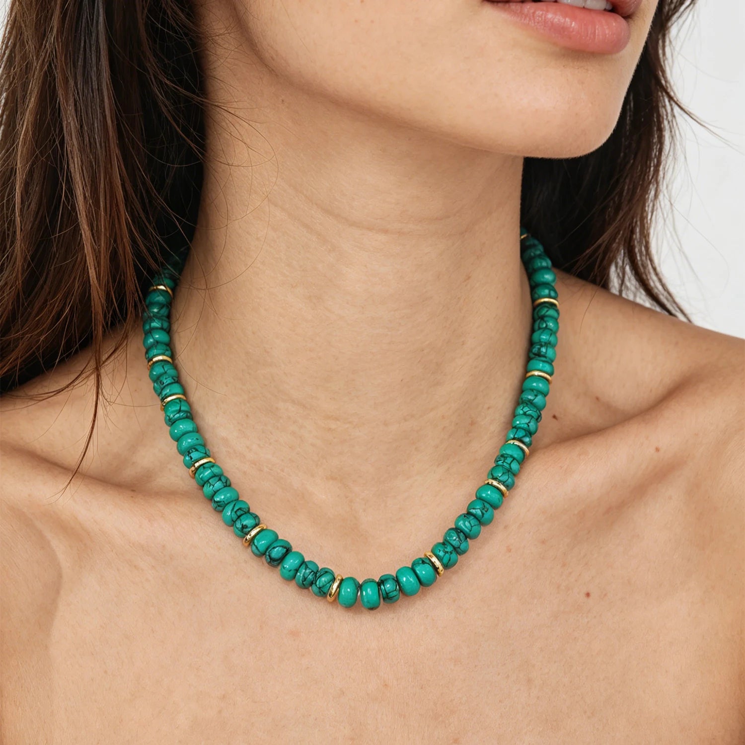 Original Design Handmade Custom Classic Geometric Turquoise Beaded 18K Gold Plated Necklace for Women