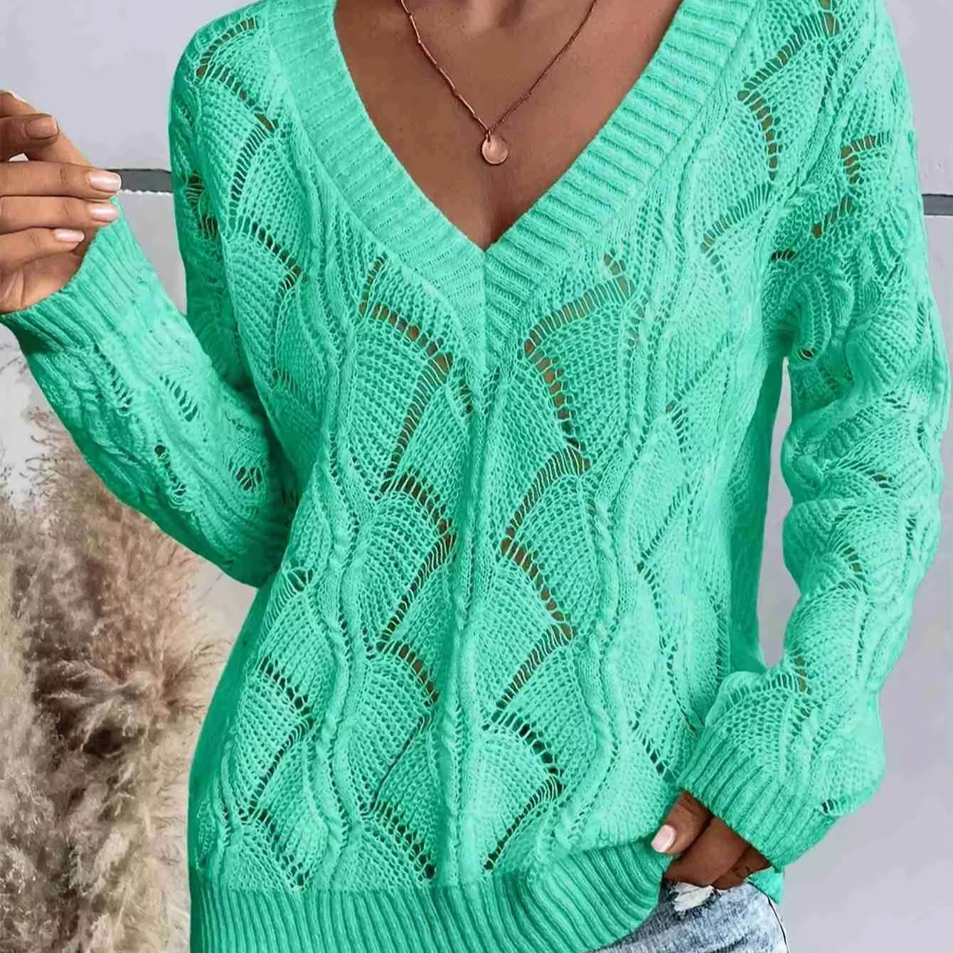 Custom Wholesale Women's Fall Hollow Knit V Neck Drop Shoulder Long Sleeved Cut Loose Pullover Sweater for Casual Winter Style