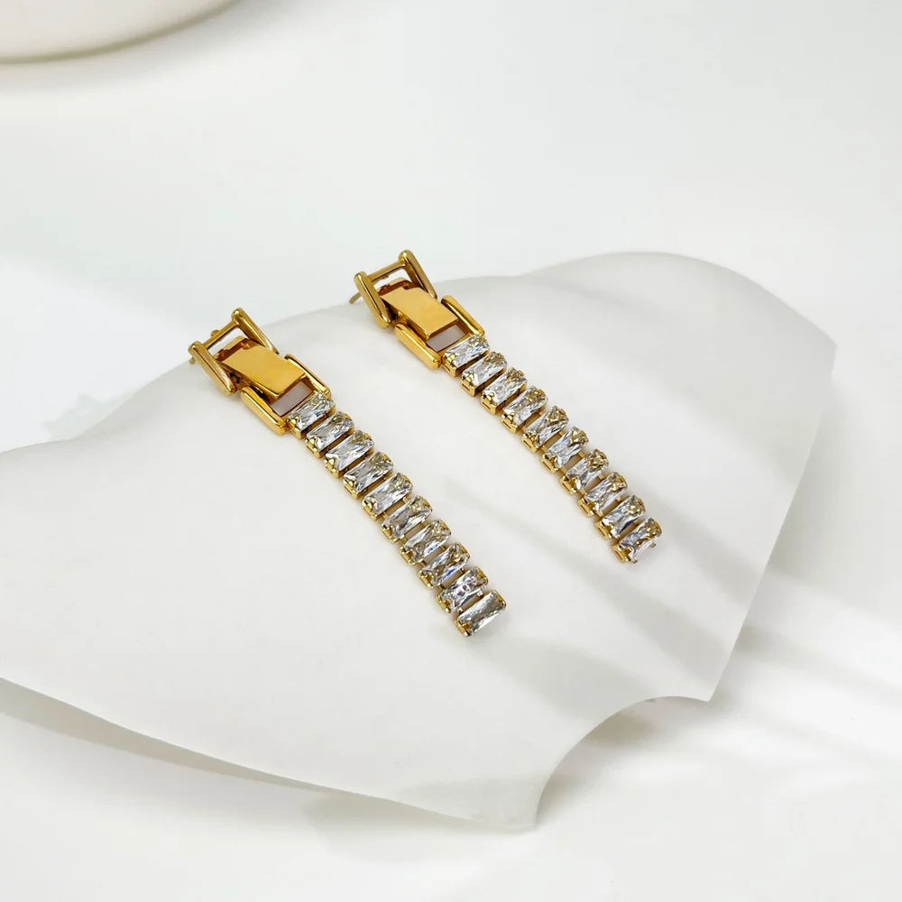 Boucle D'oreille Tendance Cz Jewelry Fashion 18K Gold Plated Stainless Steel Tennis Chain Cubic Zirconia Earrings