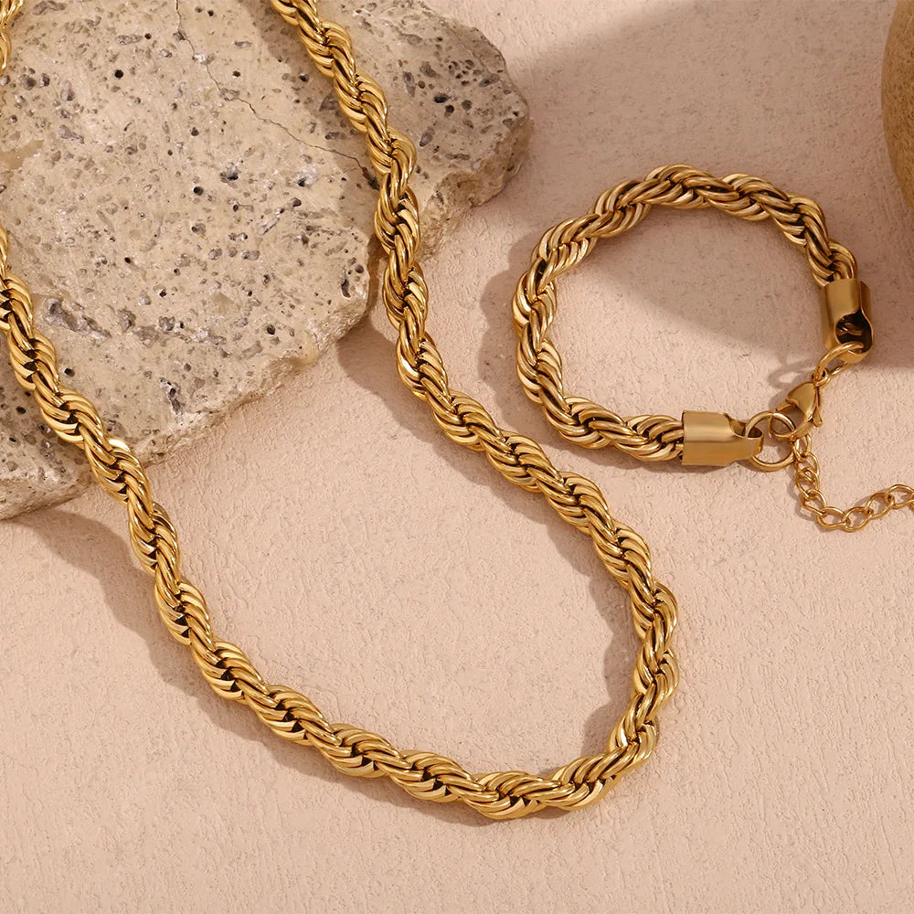 18k Gold Plated Stainless Steel Rope Link Twist Chain Bracelet Wholesale Women Chain Jewelry Set Men Pulceras Torsales Necklace
