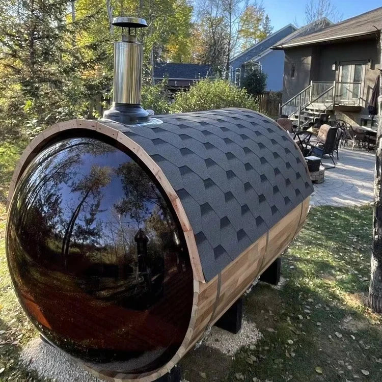 Canadian Red Cedar 6 Person Outdoor Barrel Sauna Panoramic View Sauna Room with Front Porch