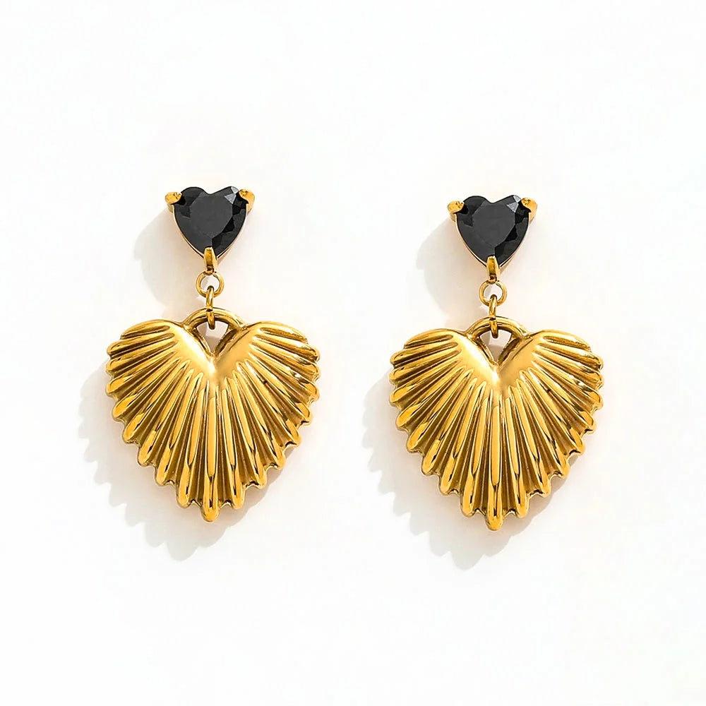 New Trendy Earring 18K Gold Plated Cute Black Zirconia Heart Burst Pendant Drop Earring for Women Stainless Steel Wholesale