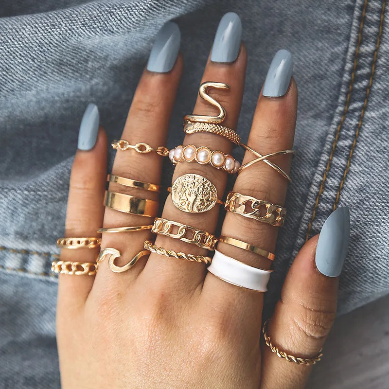 Hot Selling 16pcs/set Gold Diamond Serpentine Ring Jewelry Pearl Twist Knuckle & Geometric Hollow Ring Made of Alloy Personality