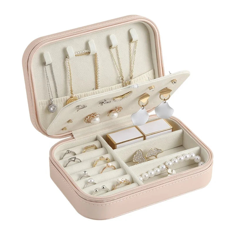 Luxury Custom Logo Jewelry Box Organizer Zipper White Pink Small Travel Portable PU Leather Earrings Ring Jewellery Gift Case