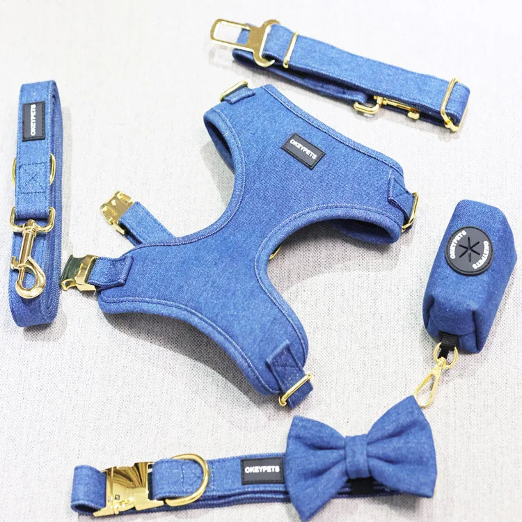 2022 New Custom Cowboy Dog Harness Denim Dog Collar Leash Harness Jean Pet Dog Harness Set