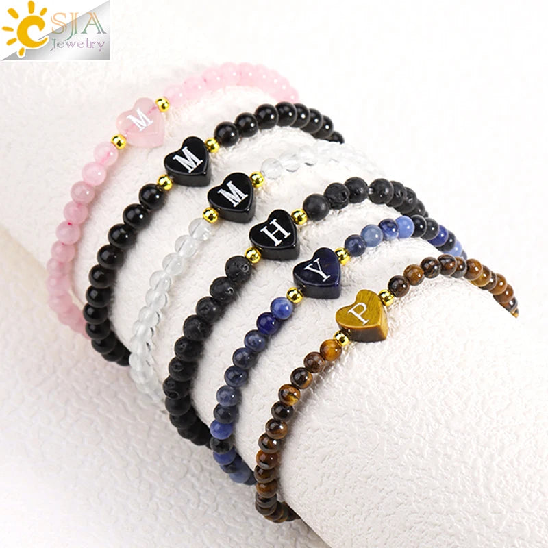 CSJA Heart Letter Charm Bracelet 4mm Natural Gemstone Crystal Energy Stone Beads Elastic A-Z Initial Bracelets for Women H360